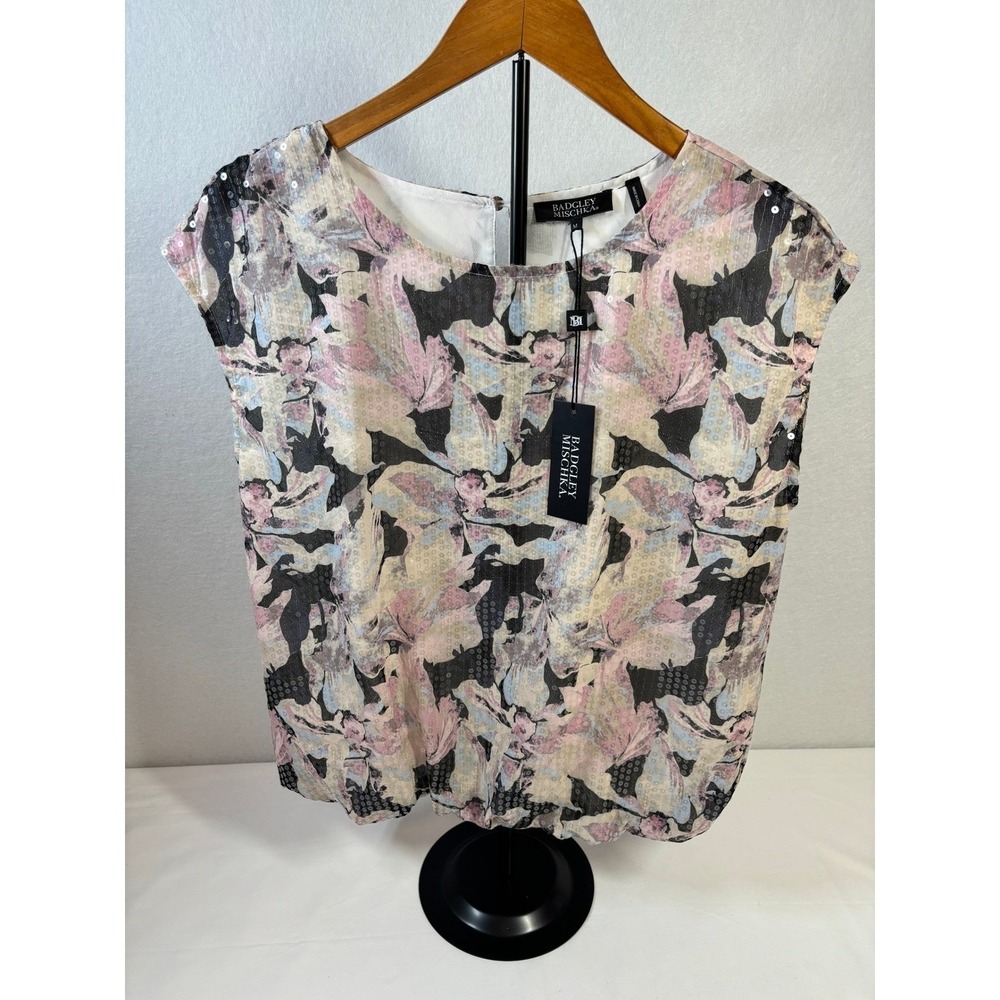 Badgley Mischka Floral Sequin Blouse Womens Medium Pink Blue Pastel Luxury Chic